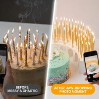 Birthday Grandstand" Modular Birthday Candle Holder for 10 to 110 candles, includes 100 gold candles