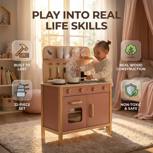 Wooden Play Kitchen Set - Montessori Pretend Cooking 22pc Ages 3+
