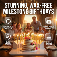 Birthday Grandstand" Modular Birthday Candle Holder for 10 to 110 candles, includes 100 gold candles