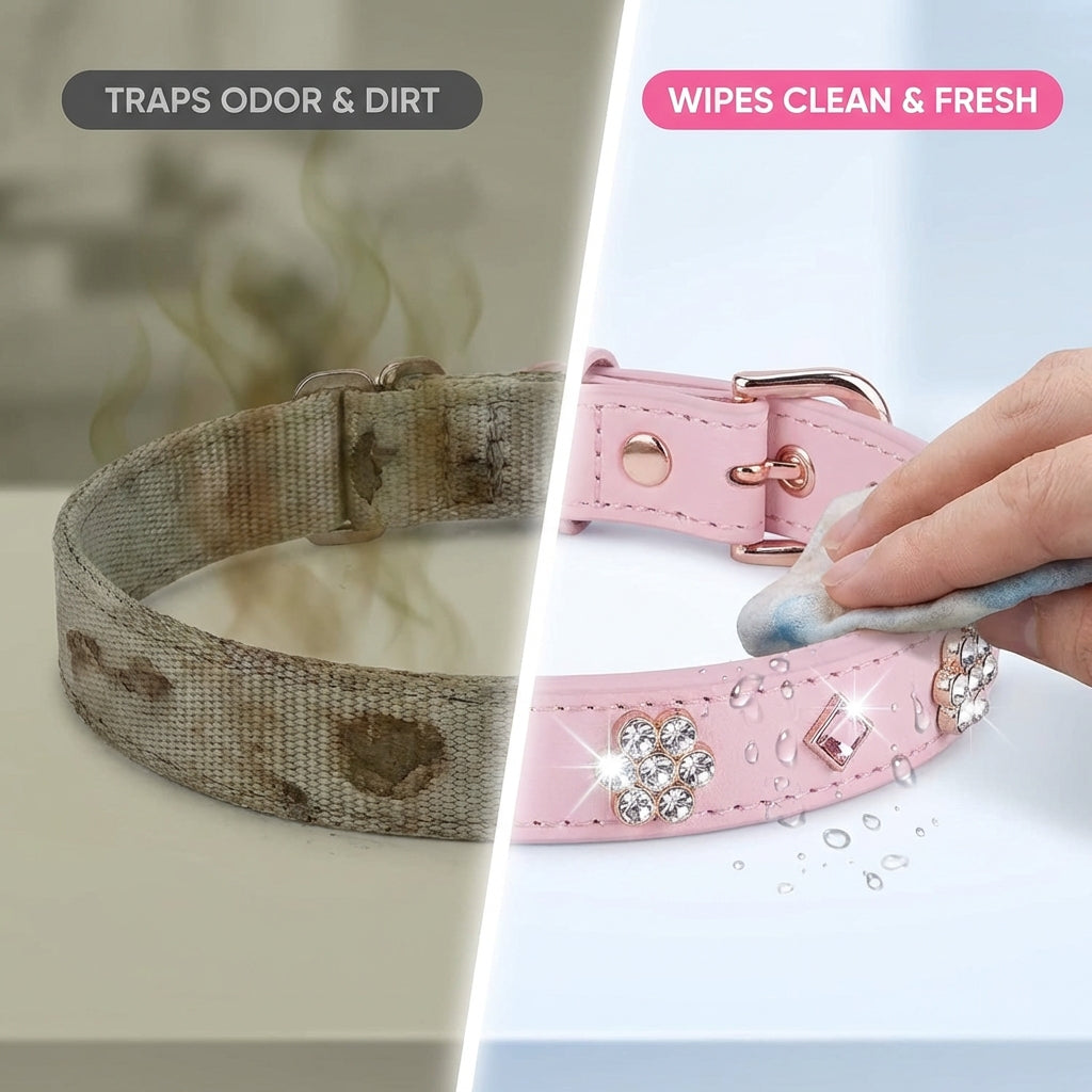 PU Leather Rhinestone Dog Collar - Soft Padded Pink Bling Dog Collar with Diamond Crystals & Metal Flowers for Female Dogs & Cats - Comfortable and Stylish for Walking & Running - M